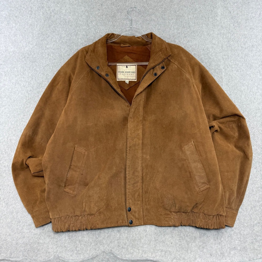 John Ashford Suede Bomber Jacket Mens XL Brown 90s Genuine Leather Outdoors